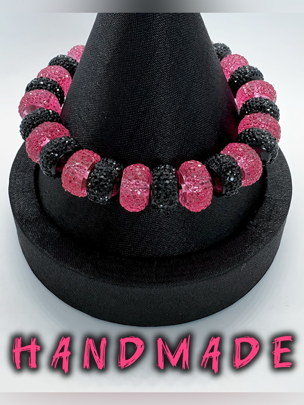 Pink and Black Handmade Stretchy Bead Bracelet